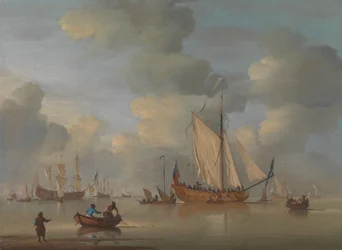 Een Engelse koninklijke jacht voor anker in een kalme zee